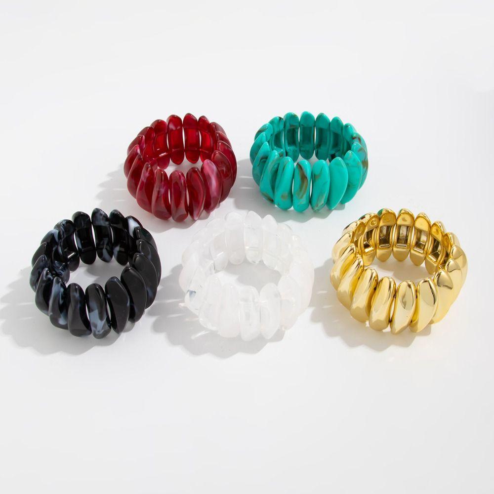 Bohemian Acrylic Bangle Wide Rectangle Elastic Rope Bracelet Retro Hand Ring  Lady Girls