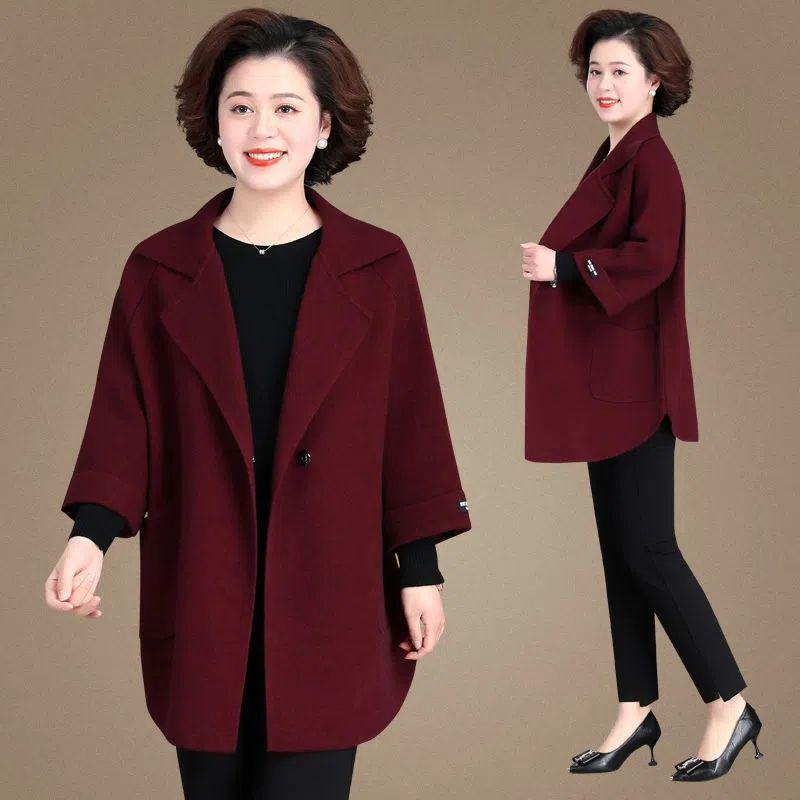 

Mom s 2022 Autumn Wool Coat: Elegant Wide-Cut Trench for Middle-Aged and Elderly Women 3XL (160-180 jin) вина червоного кольору