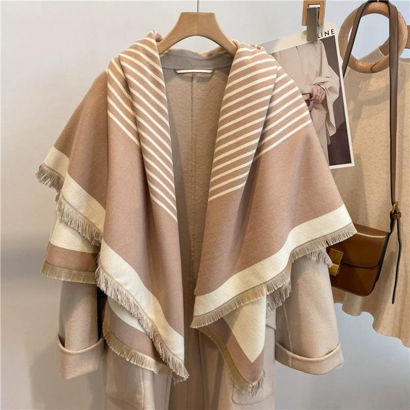 Warm Thick Wool-Blend Scarf With Tassels Soft Faux Cashmere Square Shawl Women Winter Office Daily Wear
