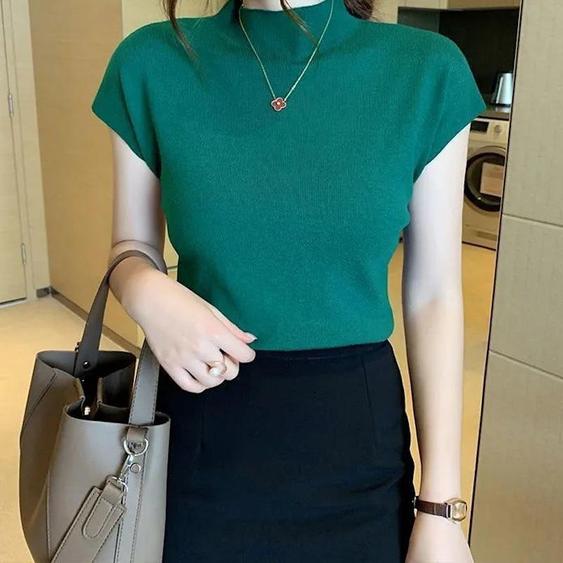 2025 Women's Black Ice Silk Semi-High Neck Short Sleeve Knitted T-Shirt