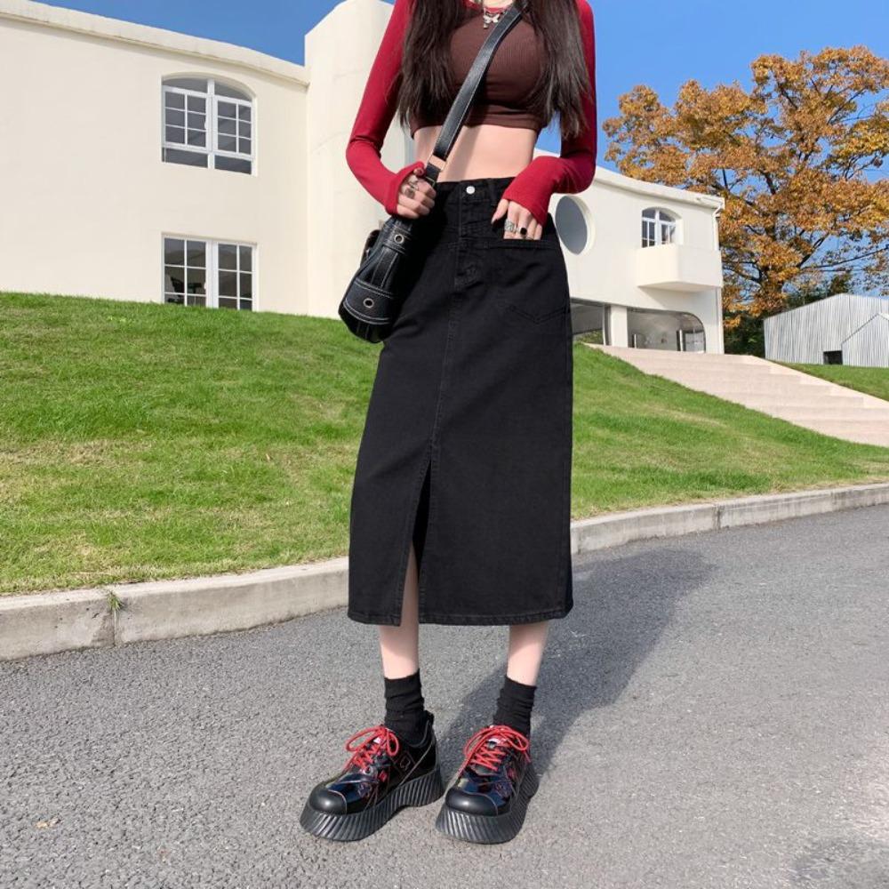 Women's High Waist Midi Denim Skirt Loose Fit Front Slit Denim Skirt Vintage Casual A‑Line Skirt For Women Daily Wear