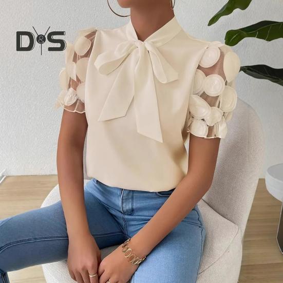 Damen-Shirt mit Schleifenausschnitt, Mesh-Jacquard, kurze Ärmel, Freizeithemd, einfarbige Bluse für den Alltag