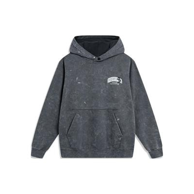 Li Ning Wade Series Letter Print Hooded Fleece Loose Pullover Long Sleeve Sweatshirt Men Sweatshirt Cold-Sand-Black AWDU015-5