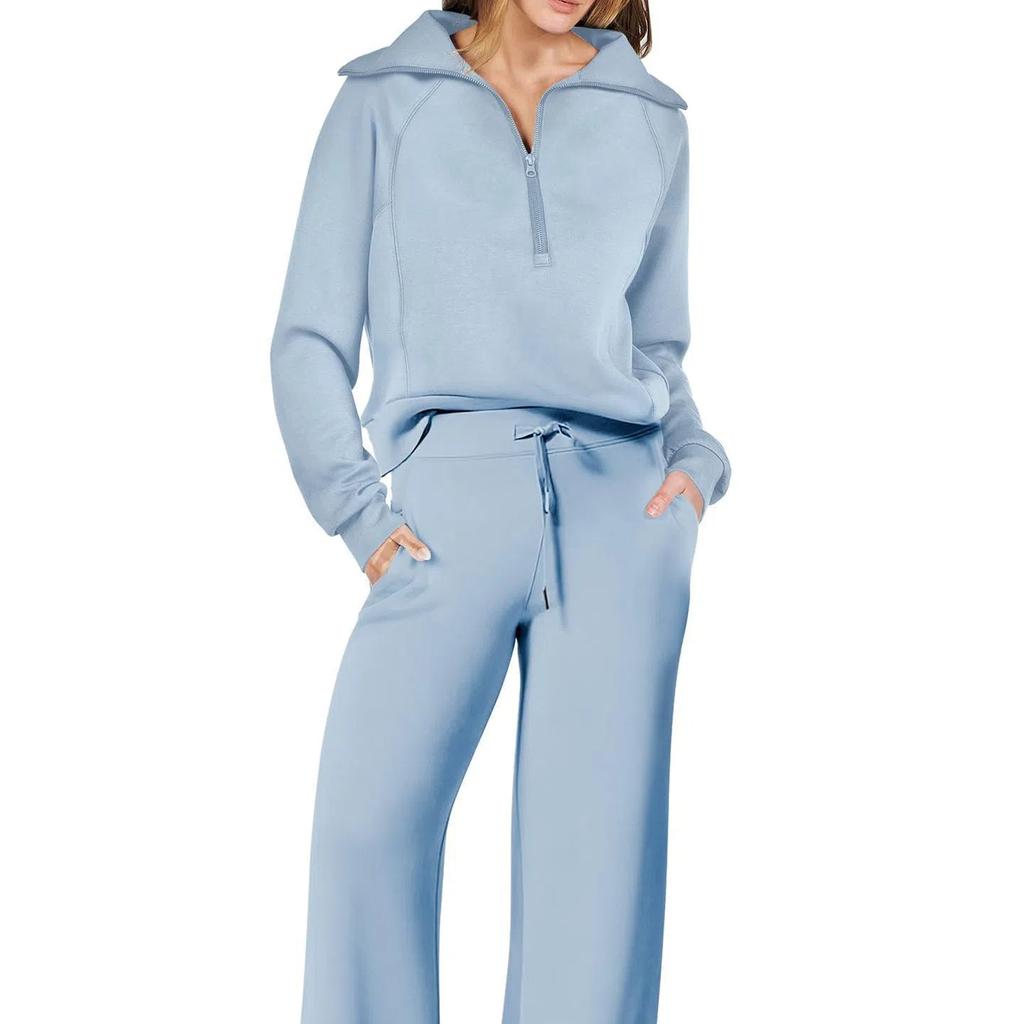 Women's 2 Piece Outfits Casual Lapel Half Zip Sweatshirts And Wide Leg Pants Tracksuit Sets
