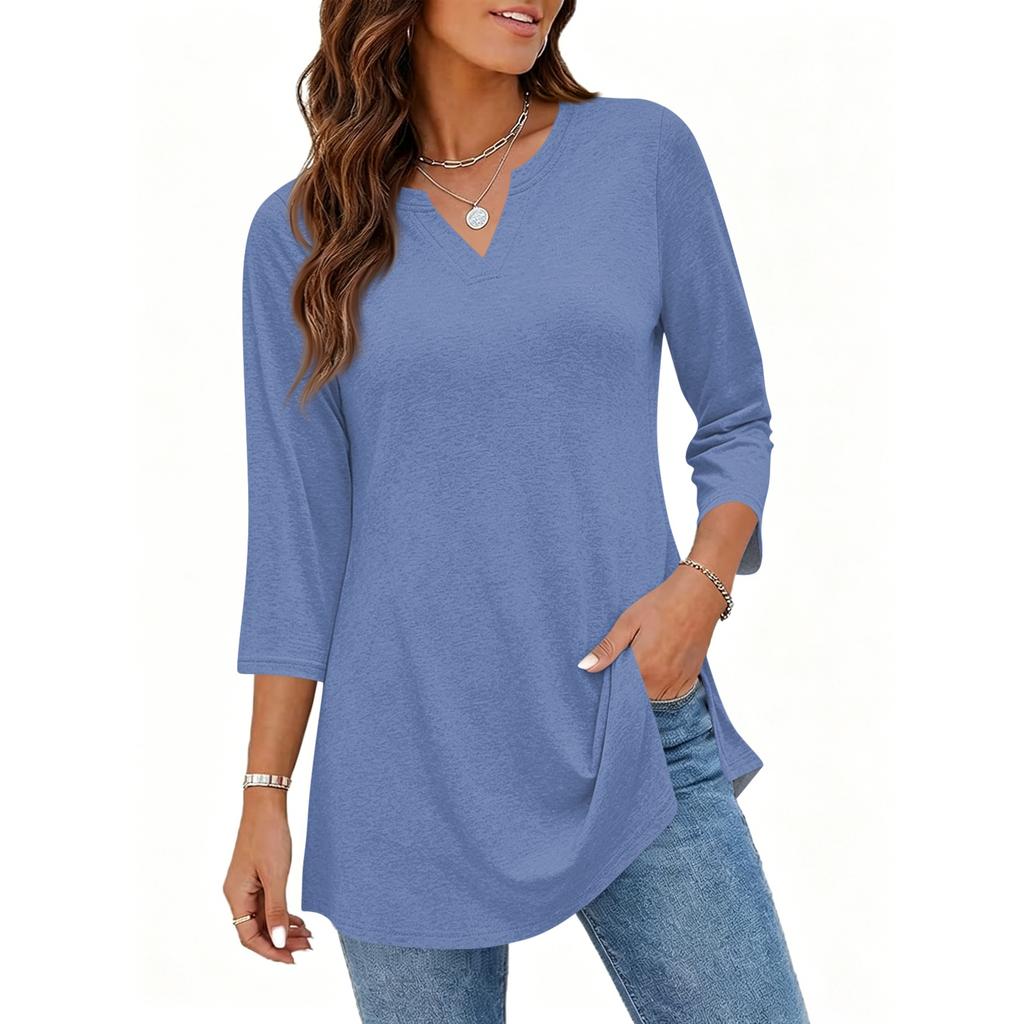 Women's Casual V Neck 3/4 Sleeve Pullover Tunic Top Mid Length Solid Color Comfortable Fit Lightweight Fabric