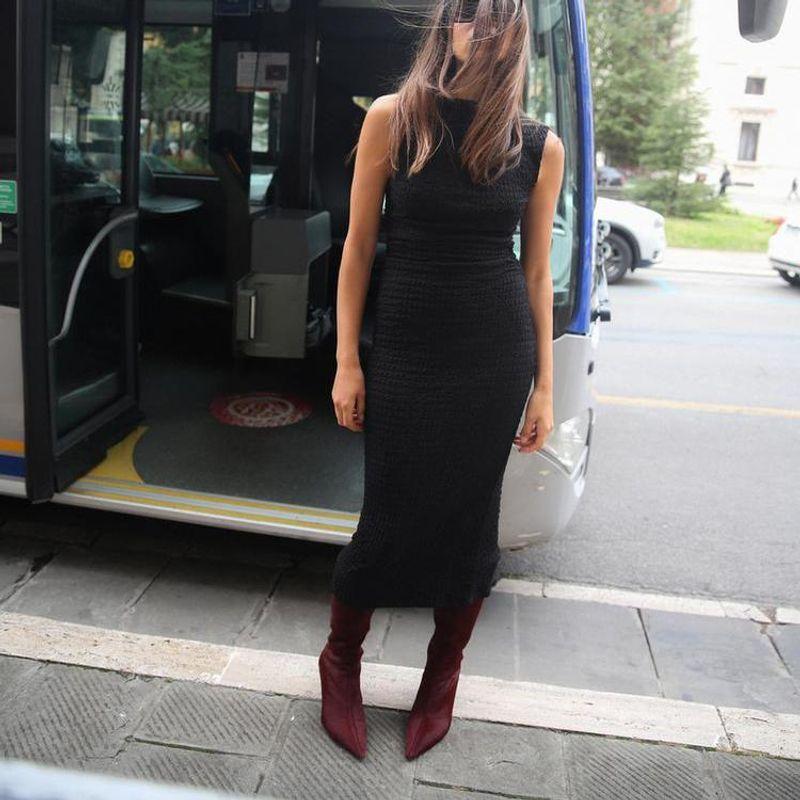 Fall and Winter New Women's Clothing Fashion Style Easiest for Match Bow Tie Textured Round Neck Sleeveless Long Dress 5039626