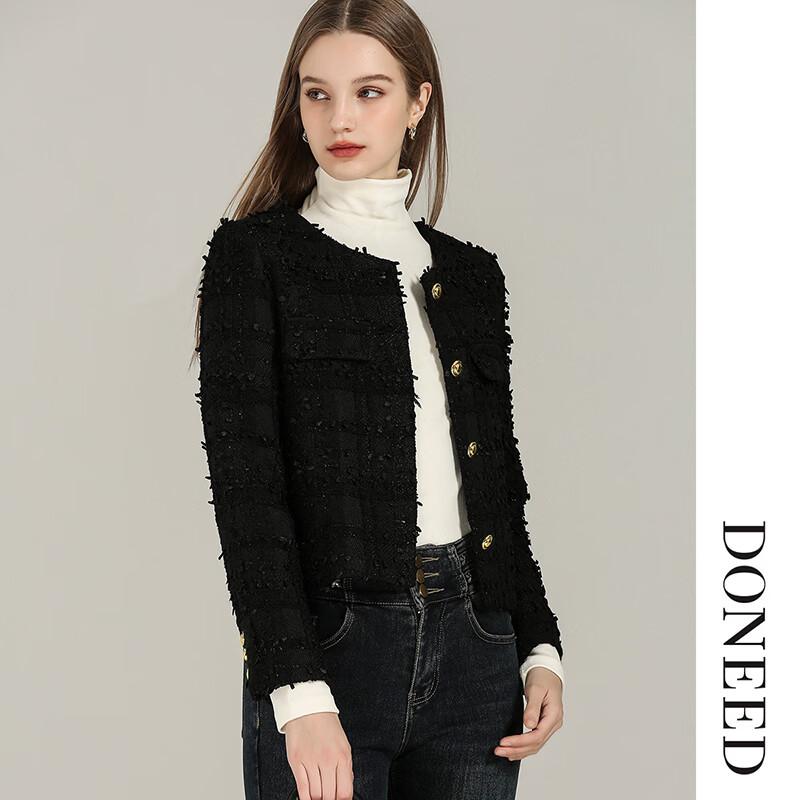DONEED Women's Chic Tweed Plaid Cropped Jacket