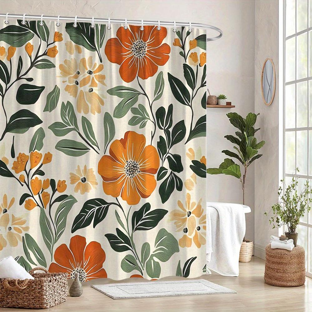 1pc Bright Orange Floral Shower Curtain -Mid-Century Modern Botanical Design with Hooks Polyester Machine Washable, for Bathroom