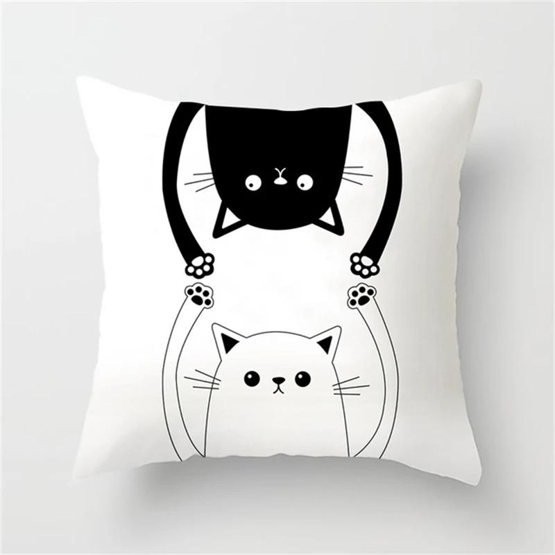 Black and White Funny Cat Cartoon Pillow Sofa Decoration Cushion Cover Car Living Room Bedroom Home Decor