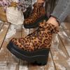 Women 2025 Leopard Plus Size Ankle Boots Side Zip Front Lace-up High Heels Shoes Wedges Platform Comfortable Outdoor Wedge Boots