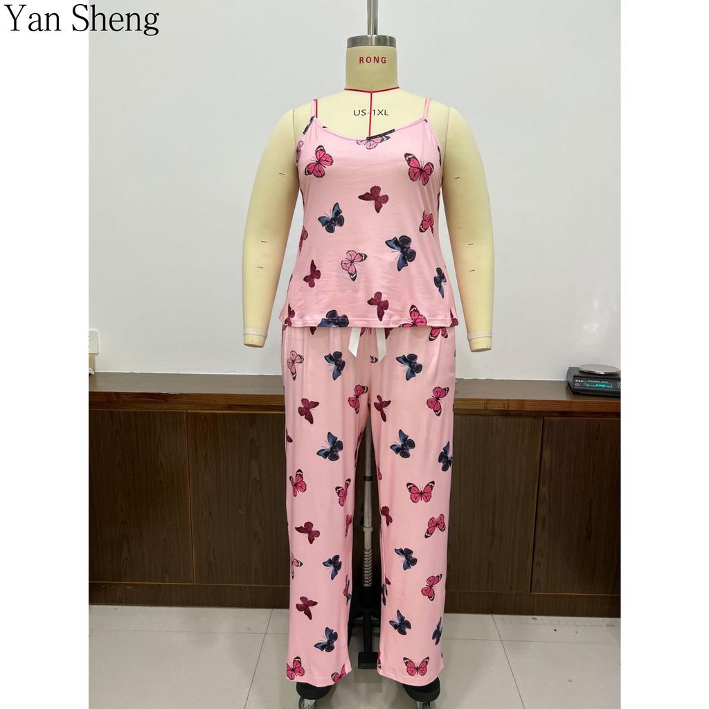 Plus Size Women Butterfly Print Pajama Set, Sleeveless Cami Tank Top & Elastic Long Pants 2 Piece Summer Soft Loungewear Sweet Sleepwear Nightwear