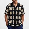 Camicia Estiva Sexy Fresca Lavorata a Maglia Traspirante a Maniche Corte con Scollo a Revers Casual da Uomo