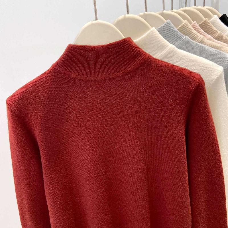 Angola red knitted bottoming shirt women's autumn and winter semi-turtleneck slim-fitting top soft waxy sweater