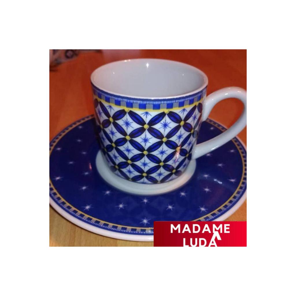 Porcelain Hand Embroidered Blue Color Patterned Authentic 12 Piece Turkish Coffee Cup Set For 6 Persons.