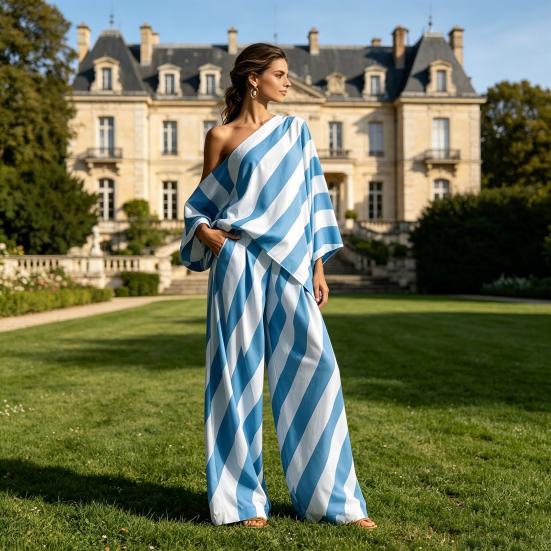 Damen gestreifte 2-teilige Sets Lässiges One-Shoulder-Langarmtop und Hose passendes Set Sommer Lässige Urlaubs-Loungewear Outfits