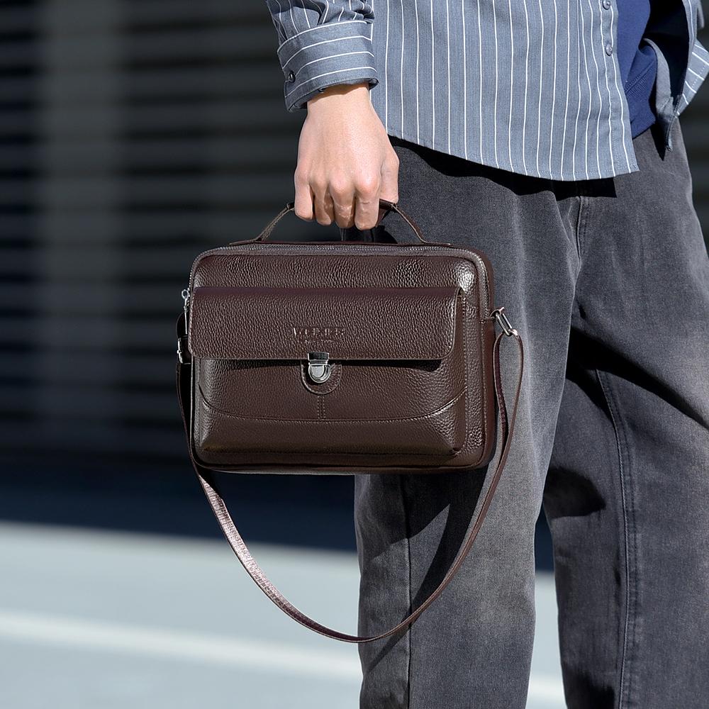 WEIXIER Men's Leather Crossbody Shoulder Bag Waterproof Messenger Briefcase Satchel Travel Bag Handbags Adjustable Strap