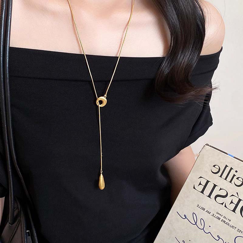 Fashion Matte Silver Color Brushed Water Droplet Pendant Necklace for Women Vintage Long Adjustable Necklace Simple Jewelry Gift