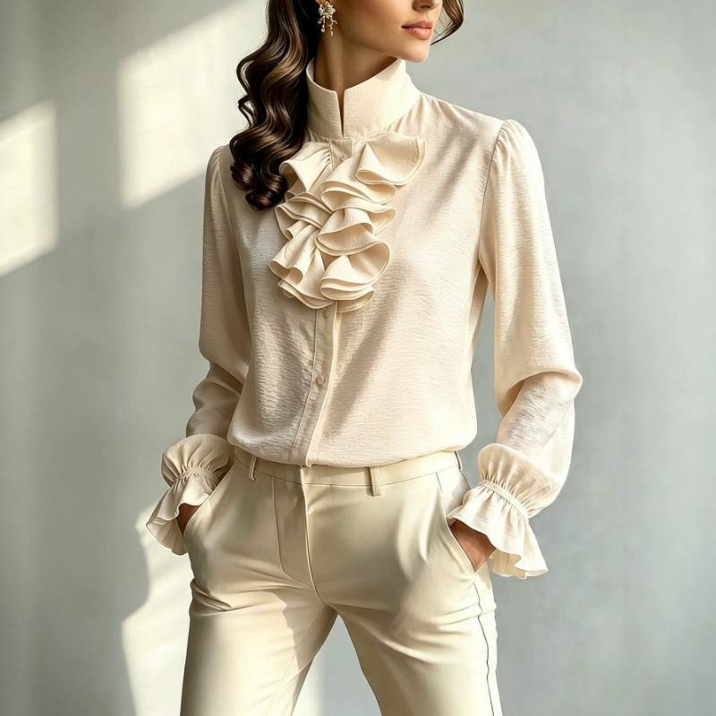 Women S Stand Collar Long Sleeve Solid Polyester Shirt Elegant Commuter Style