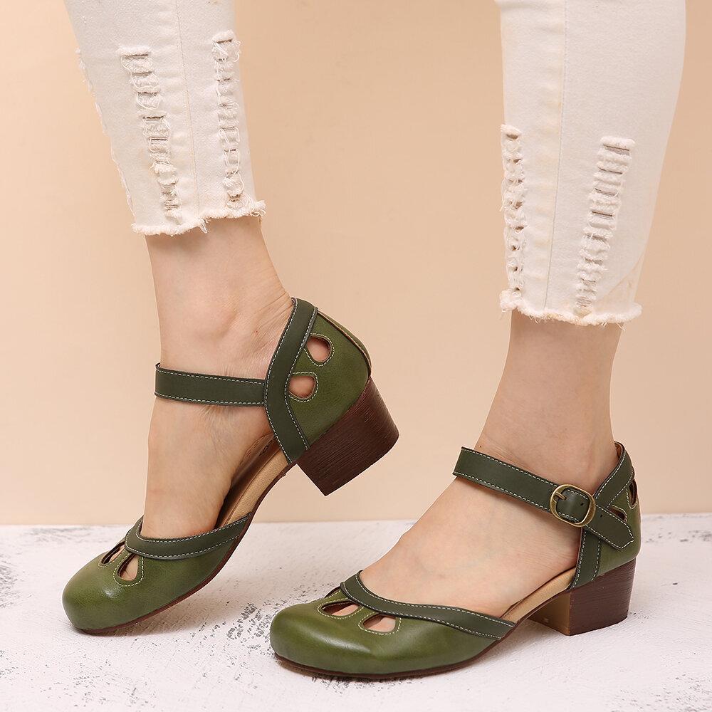 New European and American One-word Belt Imitation Leather Green Round Head Thick Heel Buckle Fashion Sandals