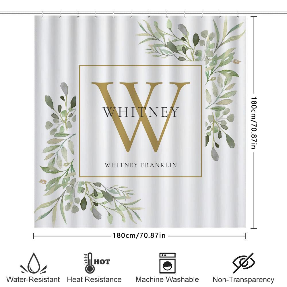 Fashionable Modern Green Leaf Design Shower Curtain Custom Name Initials Letter Home Decor Bathroom Window Treatmen
