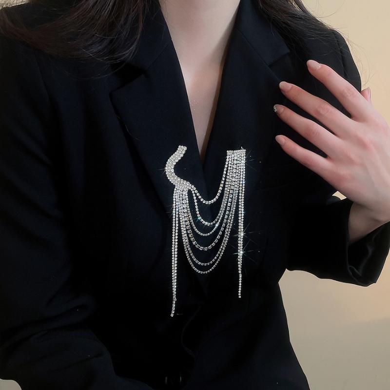 European And American Luxury Full Rhinestone Tassel Brooch Multi-Layer Rhinestone Autumn And Winter Sweater Joker Brooch
