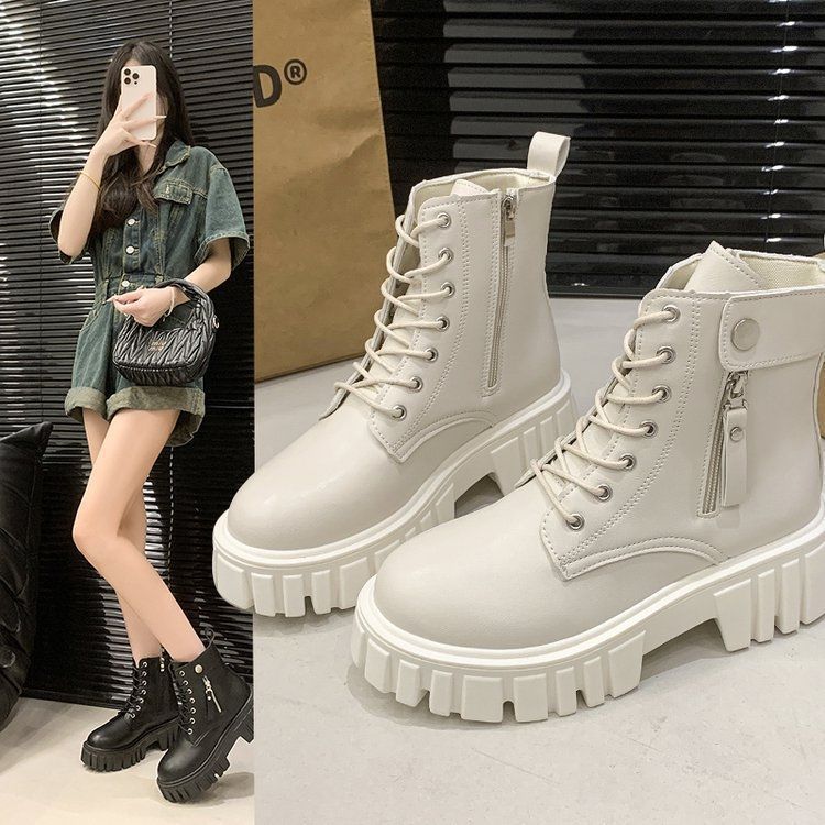 Small thick-soled flat-bottomed velvet British style short boots versatile fashion Martin boots women's height increase 2025 new autumn and winter