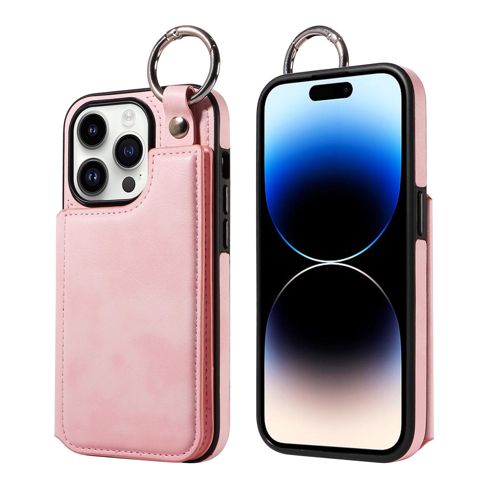 

Подходит для 15pro Lychee Pattern Подвесное кольцо с открытым левым и правым телефоном Кожаный чехол для iPhone 14 Держатель для карт Защита от падений iPhone 15 Pro Max（6.7） розовый