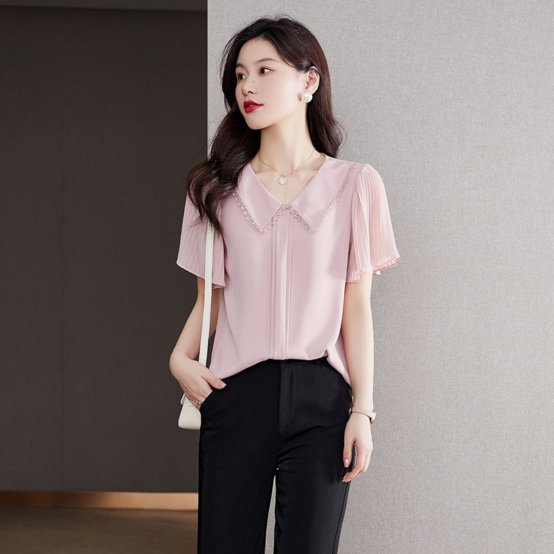 

Hangzhou Belly Covering Peter Pan Collar Short Sleeve T-shirt Silk Pink 2XL