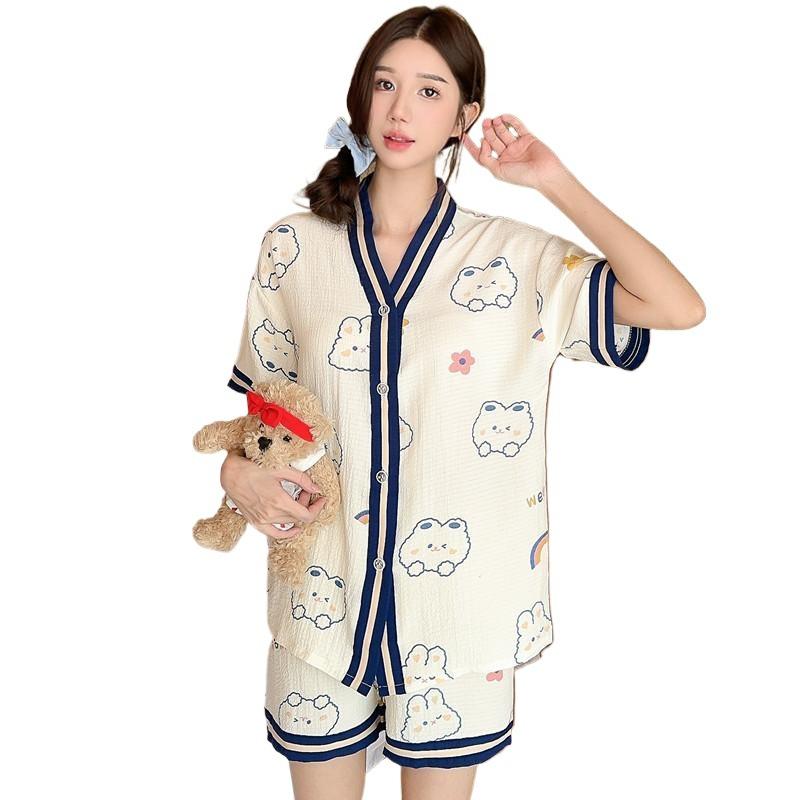Summer pajamas women's short sleeves loose bubble cotton sweet cartoon cute girl pajamas plus size can be worn at home