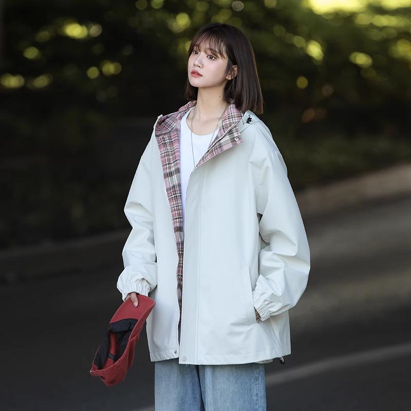 Women's 2024 Spring/Autumn Color Block Plaid Windproof Hooded Sports Top