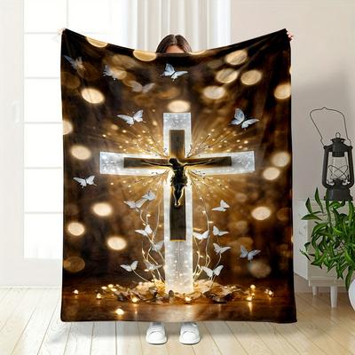 Glowing Cross Butterfly Blanket  Printed Blanket for Living Room Bed Couch Lunch Break Soft Cozy Blanket for Friend's Festival Gift