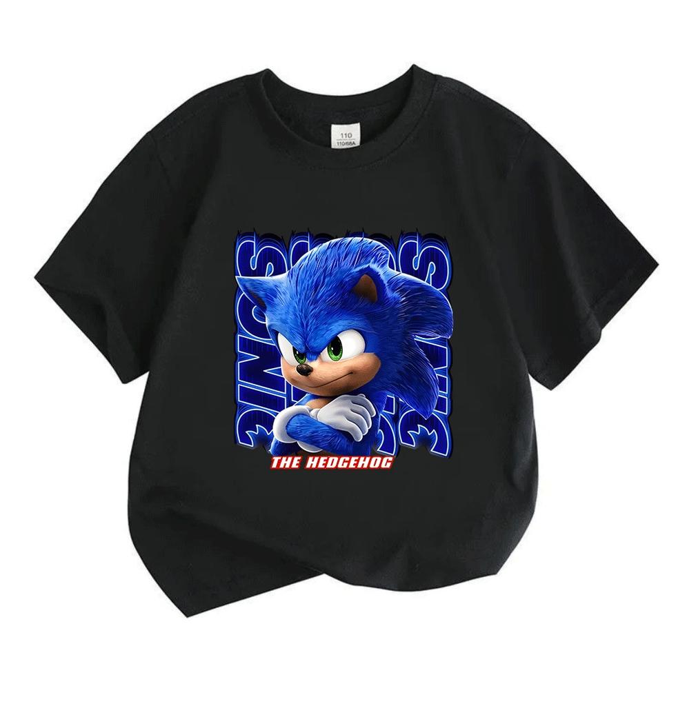 Kids Boys Girls Crew Neck Short Sleeve 100% Cotton T-Shirt, Cute Blue Speedy Hedgehog Printed Casual Summer Soft Breathable Daily Wear Tops for Childr