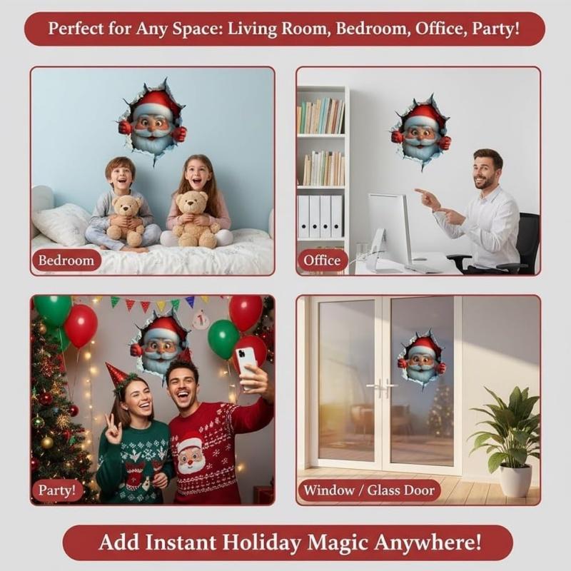 Christmas Wall Stickers Removable Santa Claus Breaking Through Wall 3D Creative Art Decor For Xmas Holiday Party Supplies