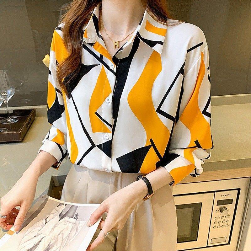 Women's Korean Style Chiffon Blouse: Slim Fit, Printed, Plus Size, Long Sleeve, Versatile Sun Protection Shirt for Spring and Summer.