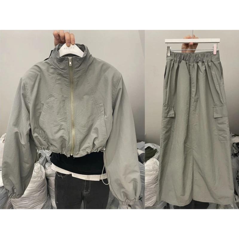 2024 Spring High Waist Button Long Skirt Short Long Sleeve Sports Coat Two Piece Set Women Solid Casual Shirt Y2k 2 Pieces Set