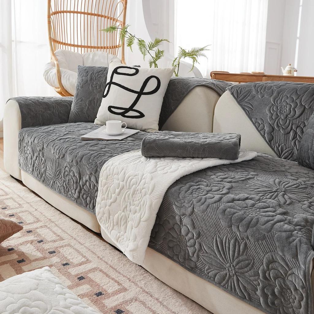 New Pattern Plush Sofa Cushion Winter Solid Color Plush Seat Cushion Pastoral Style Anti Slip Sofa Towel Backrest Towel Sand