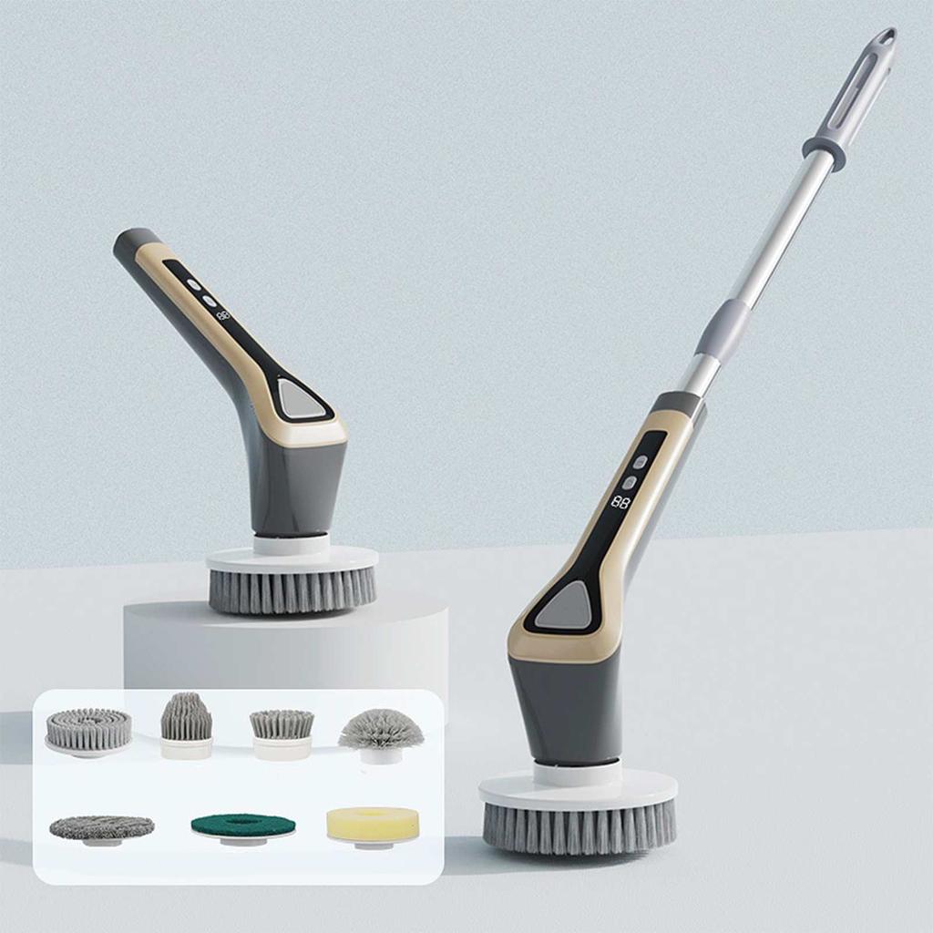 Wireless handheld multi-functional electric cleaning brush with long handle, retractable and waterproof, for cleaning kitchen dishes.
