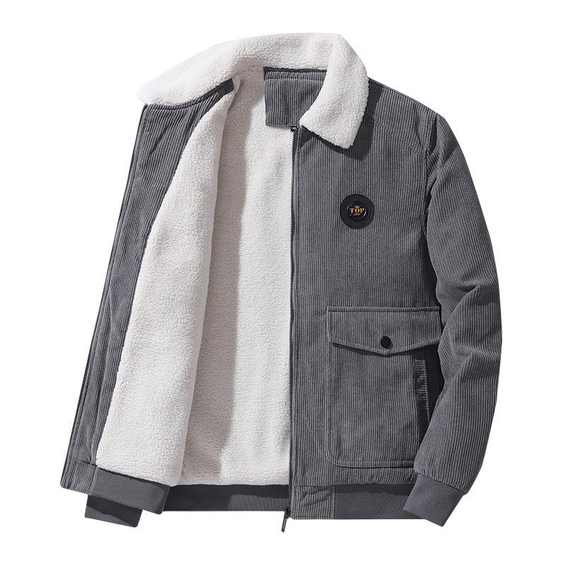 2026 New Men s Corduroy Jacket with Thickened Plush Cotton Jacket and Lapel Jacket L серый