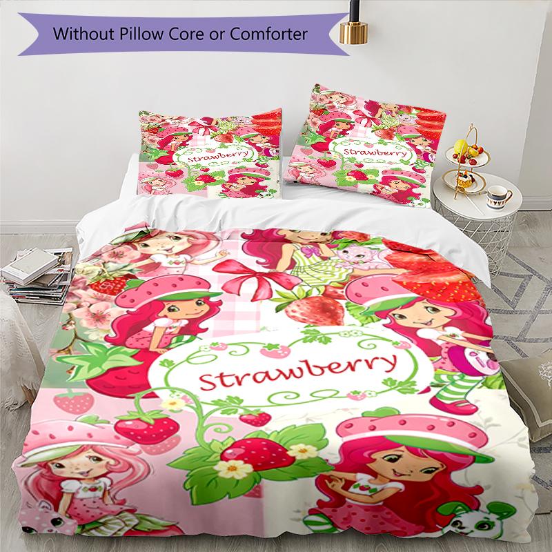 3pcs Strawberry Princess4 Design Cover Set - HD Printed Bedding with 1 Cover and 2 Pillowcases - Perfect for Home and Dorm Decor