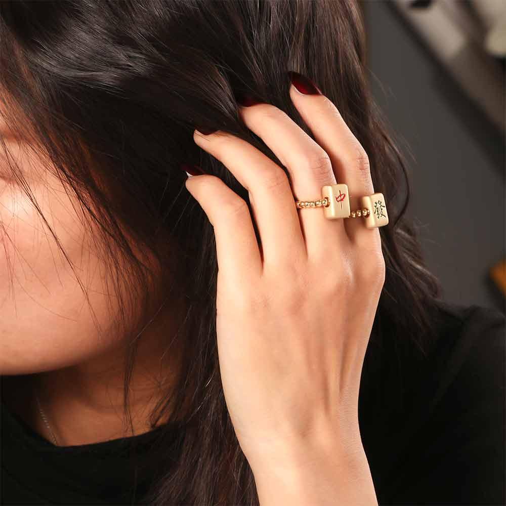 Creative Nation Hip Hop Transfer Beads Chinese Character Mahjong Rings Fashion Jewelry Women Ring