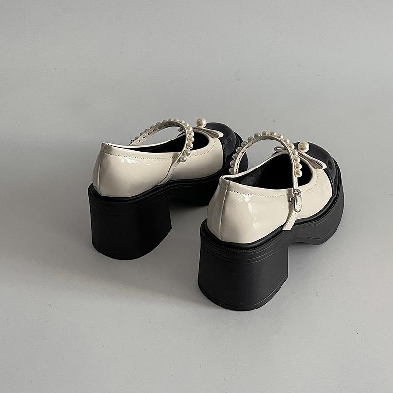 High-heeled Mary Jane shoes women's summer new retro round head bow single shoes pearl thick heel jk small leather shoes