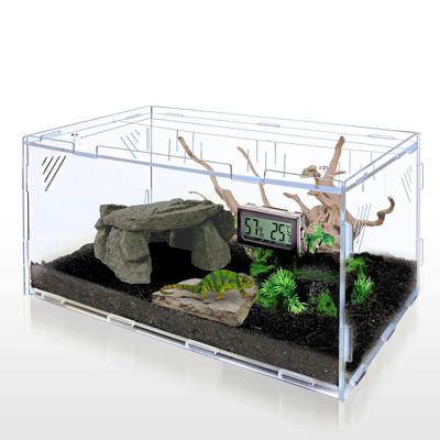 Ghims Reptile Cage, Terrarium with Thermometer and Hygrometer, Transparent, Ventilated, Feeding Box, Acrylic Container with Good Ventilation, Suitable