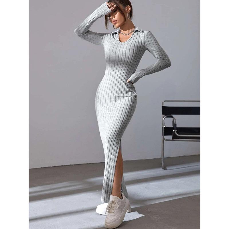 YYFS Women's Fashion Spring Fall Solid Color Print Long Sleeve POLO Neck High Waist Casual Dresses