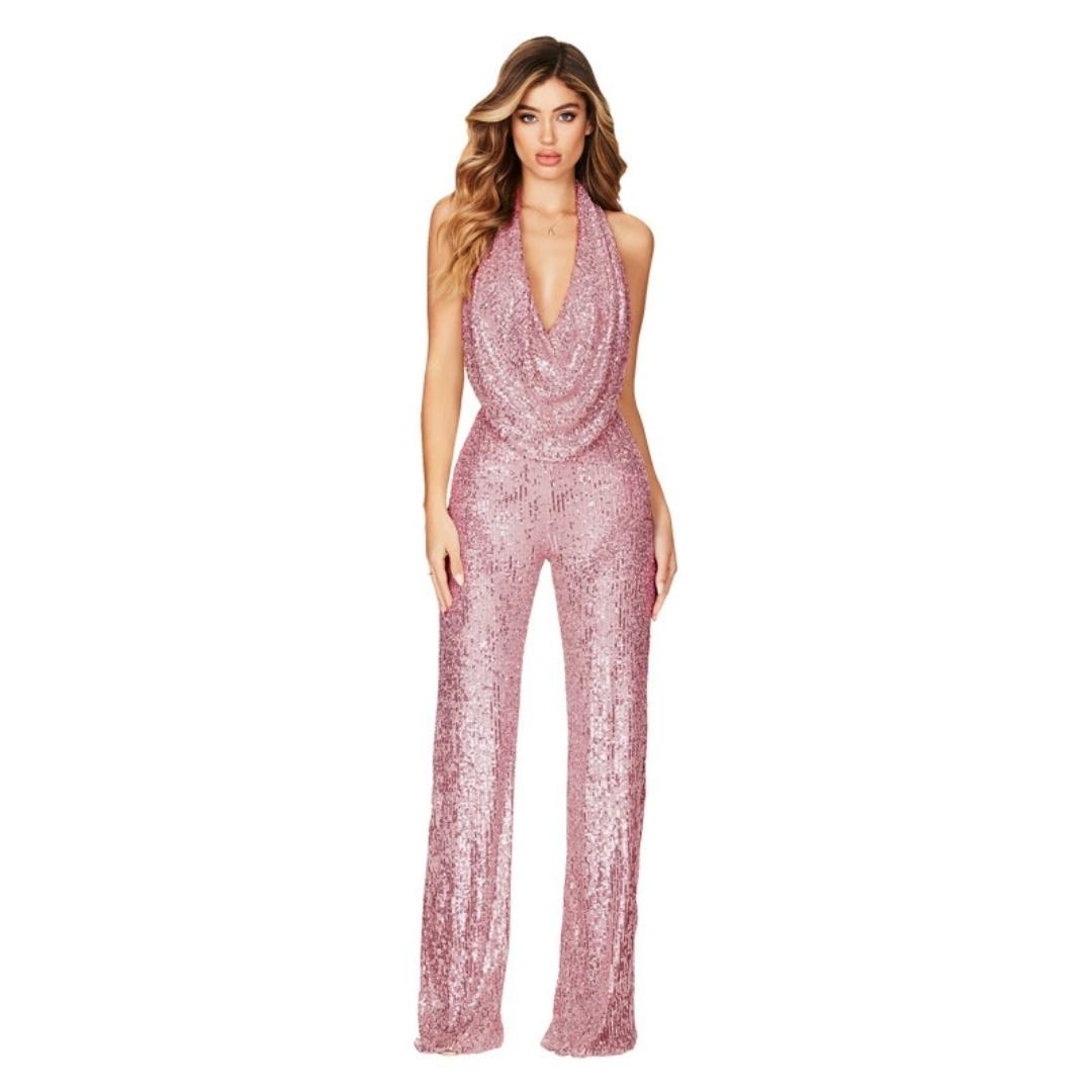 

Summer Jumpsuit Women s Sleeveless Halter Sequined Jumpsuit Women XS рожевий
