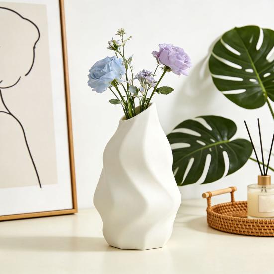 White Faux Ceramic Flower Vase Minimalist Modern Decorative Vase for Home Living Room Office Table Centerpiece
