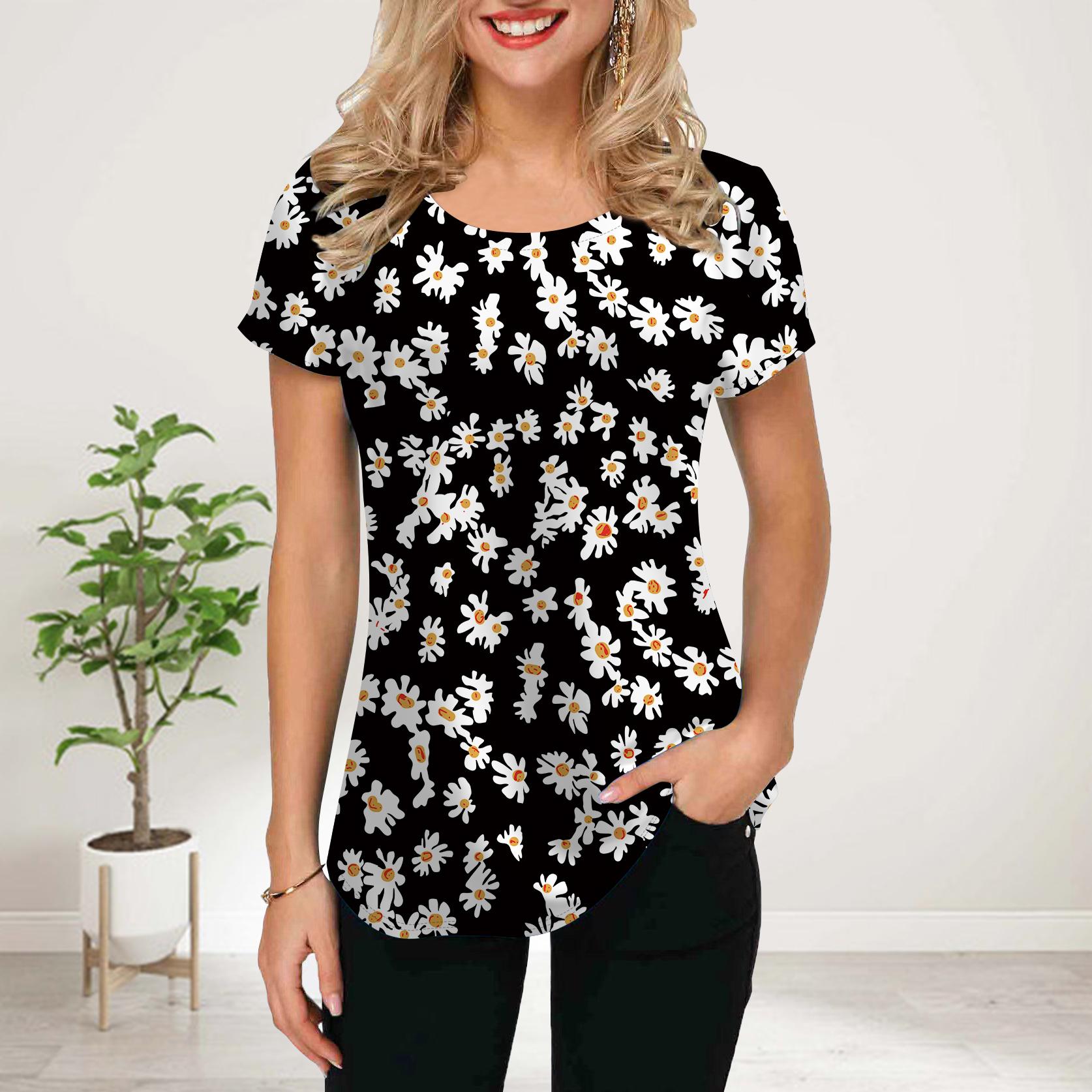 

Женская летняя футболка с белым цветочным принтом, футболки с коротким рукавом, повседневные топы с принтом 8XL чёрный
