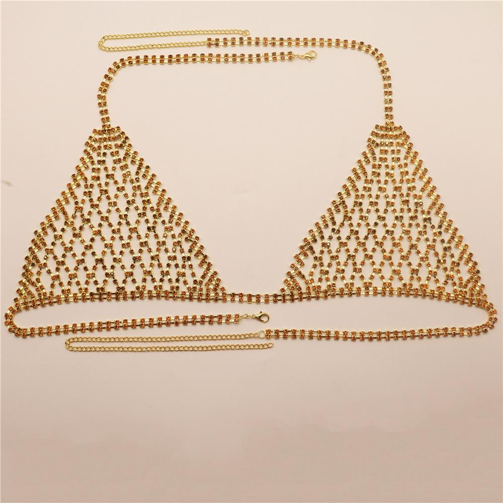 Yellow Rhinestone Sexy Body Chain Set, Nightclub Bikini Bra Shorts Skirt Body Accessories