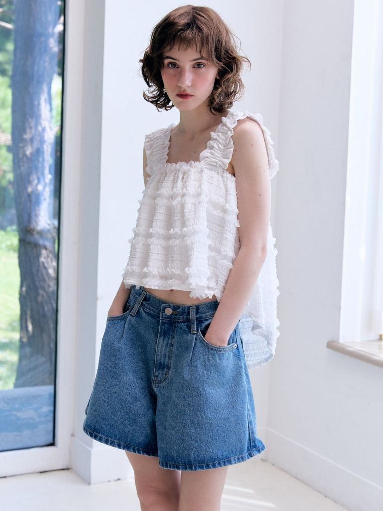FABRICSEOUL Pintuck Denim A-Line Shorts_Dark Blue