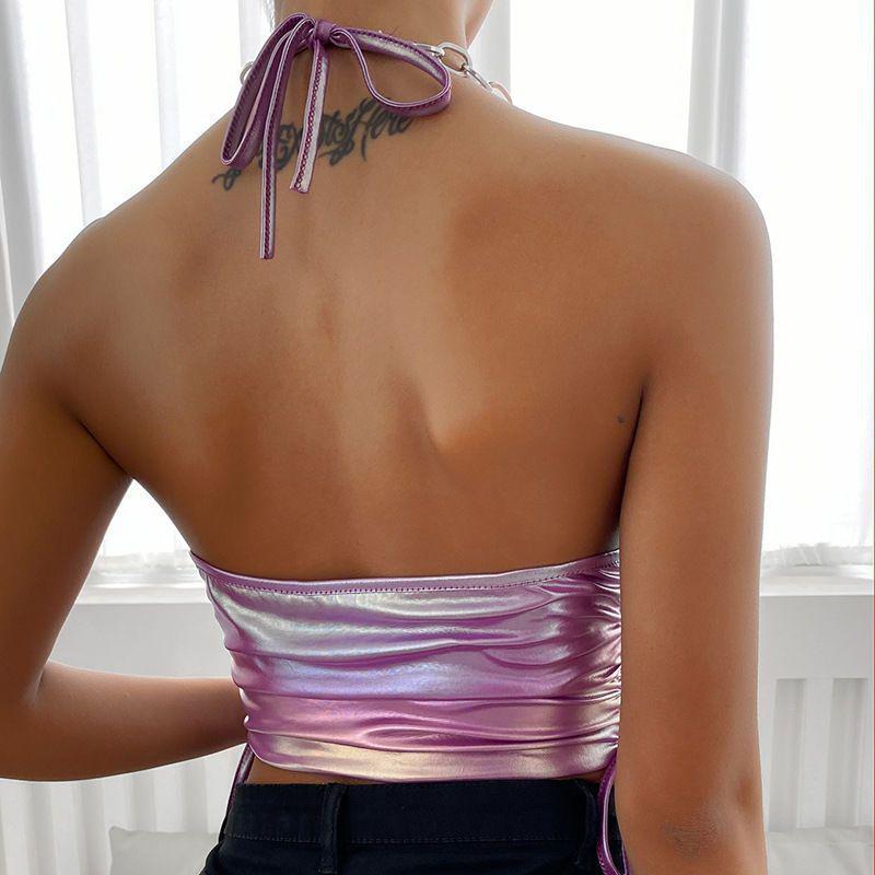 Colorblock Neckholder-Top mit Ketten-Träger und Rüschen-Detail