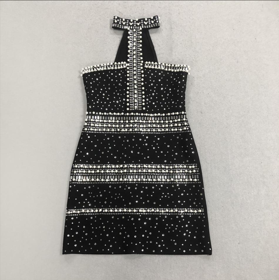 2025 Autumn/Winter European Fashion Pearl Rhinestone Halter Bandage Dress